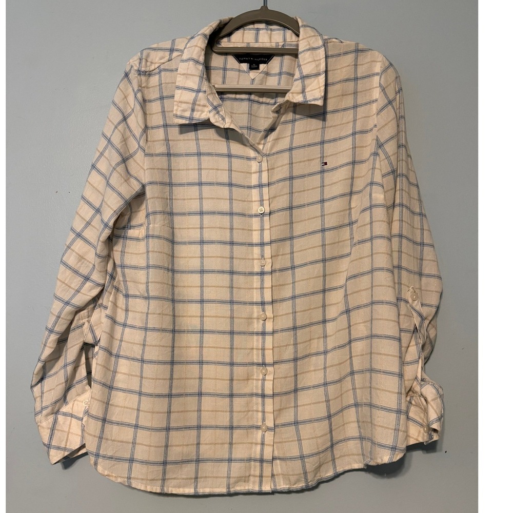 Tommy Hilfiger Women's XL Plaid Button Down Roll Tab Sleeve Shirt 2084